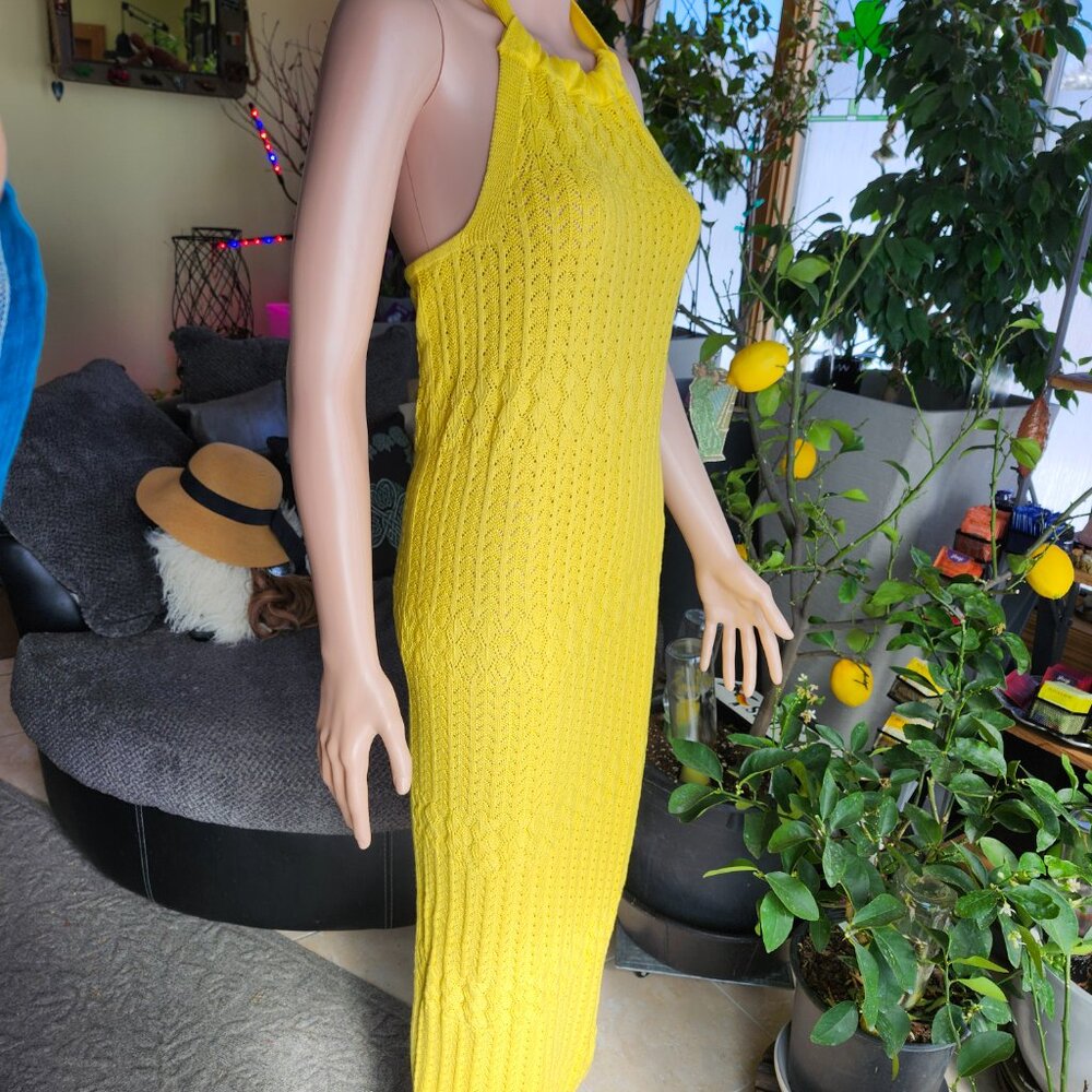 The Drop Dress Medium Cotton Stretch Yellow Halter Top Women Clothing